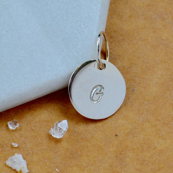LETTER CHARM, capital G initial charms, handmade alphabet circle charm, cursive G letter pendant, simple jewelry, delicate handmade charm jewelry, nickel-free charms, silver letter charm