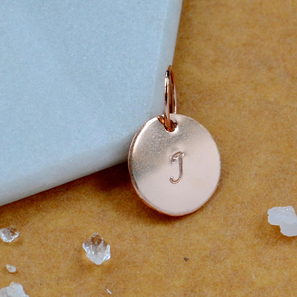 LETTER CHARM, capital I initial charms, handmade alphabet circle charm, cursive I letter pendant, simple jewelry, delicate handmade charm jewelry, nickel-free charms, rose gold letter charm