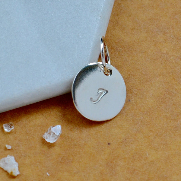 LETTER CHARM, capital I initial charms, handmade alphabet circle charm, cursive I letter pendant, simple jewelry, delicate handmade charm jewelry, nickel-free charms, silver letter charm