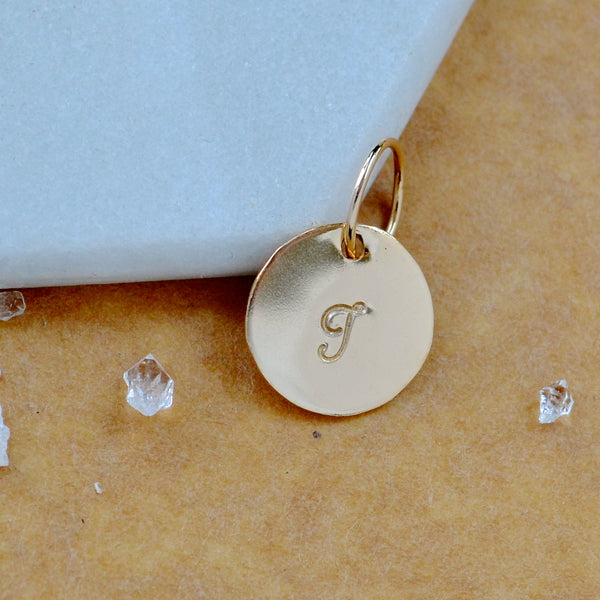 LETTER CHARM, capital J initial charms, handmade alphabet circle charm, cursive J letter pendant, simple jewelry, delicate handmade charm jewelry, nickel-free charms, gold letter charm