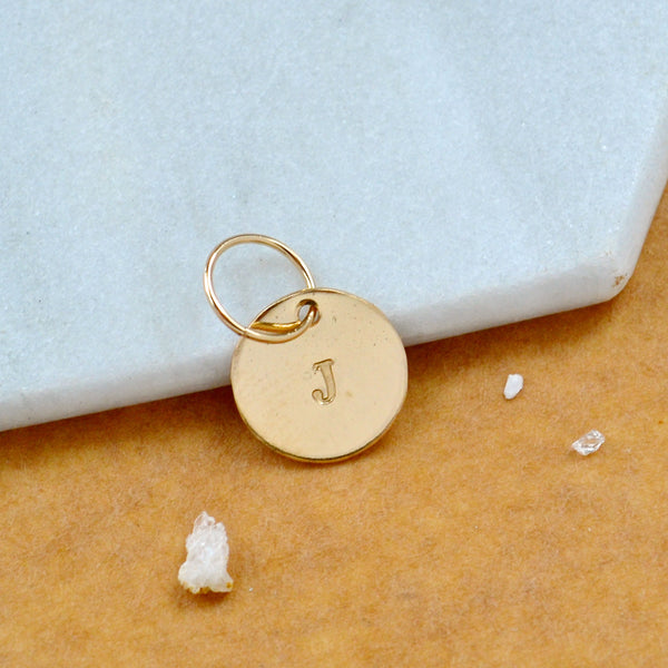 LETTER CHARM, capital J initial charms, handmade alphabet circle charm, J letter pendant, simple jewelry, delicate handmade charms, nickel-free jewelry, gold letter charm