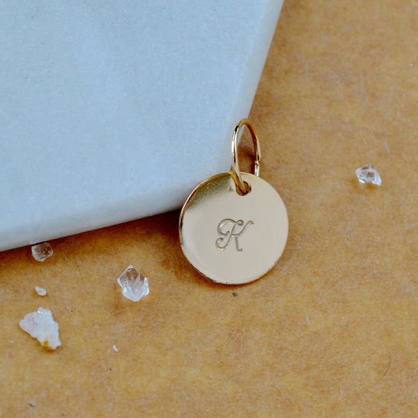 LETTER CHARM, capital K initial charms, handmade alphabet circle charm, cursive K letter pendant, simple jewelry, delicate handmade charm jewelry, nickel-free charms, gold letter charm
