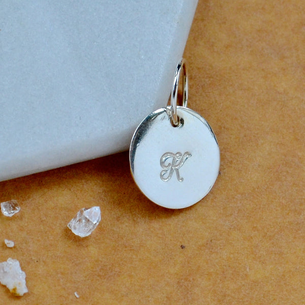 LETTER CHARM, capital K initial charms, handmade alphabet circle charm, cursive K letter pendant, simple jewelry, delicate handmade charm jewelry, nickel-free charms, silver letter charm