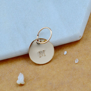 LETTER CHARM, capital M initial charms, handmade alphabet circle charm, M letter pendant, simple jewelry, delicate handmade charms, nickel-free jewelry, gold letter charm