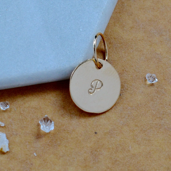LETTER CHARM, capital P initial charms, handmade alphabet circle charm, cursive P letter pendant, simple jewelry, delicate handmade charm jewelry, nickel-free charms, gold letter charm