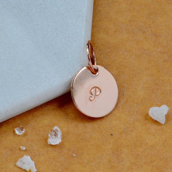 LETTER CHARM, capital P initial charms, handmade alphabet circle charm, cursive P letter pendant, simple jewelry, delicate handmade charm jewelry, nickel-free charms, rose gold letter charm