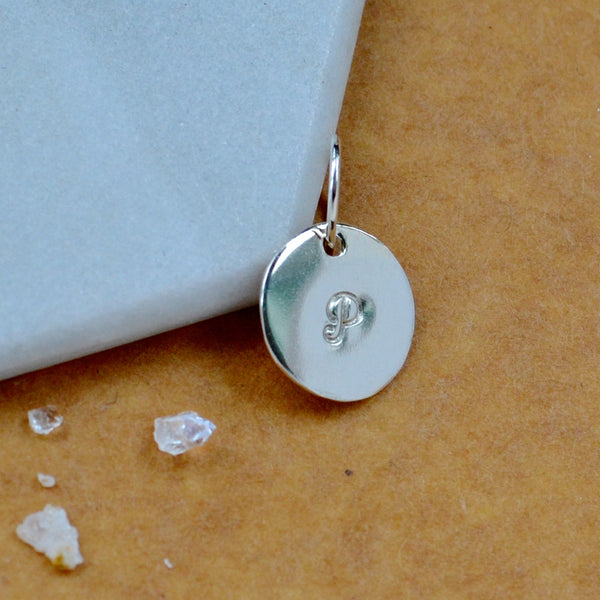 LETTER CHARM, capital P initial charms, handmade alphabet circle charm, cursive P letter pendant, simple jewelry, delicate handmade charm jewelry, nickel-free charms, silver letter charm