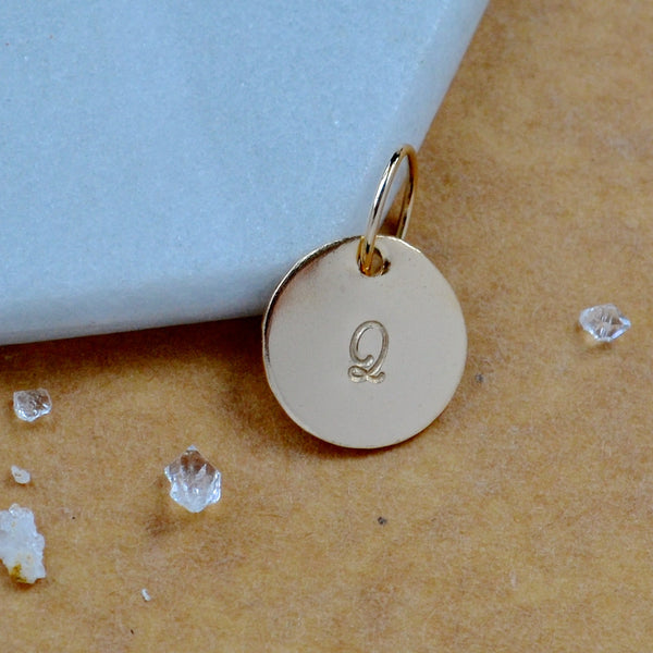 LETTER CHARM, capital Q initial charms, handmade alphabet circle charm, cursive Q letter pendant, simple jewelry, delicate handmade charm jewelry, nickel-free charms, gold letter charm