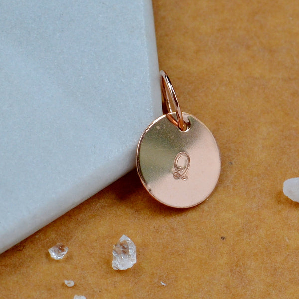 LETTER CHARM, capital Q initial charms, handmade alphabet circle charm, cursive Q letter pendant, simple jewelry, delicate handmade charm jewelry, nickel-free charms, rose gold letter charm