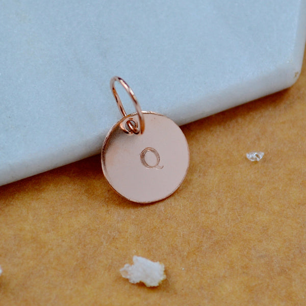 LETTER CHARM, capital Q initial charms, handmade alphabet circle charm, Q letter pendant, simple jewelry, delicate handmade charms, nickel-free jewelry, rose gold letter charm
