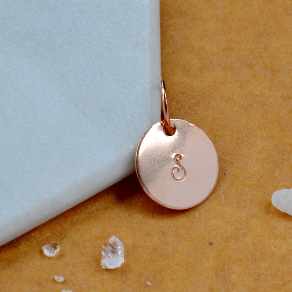 LETTER CHARM, capital S initial charms, handmade alphabet circle charm, cursive S letter pendant, simple jewelry, delicate handmade charm jewelry, nickel-free charms, rose gold letter charm