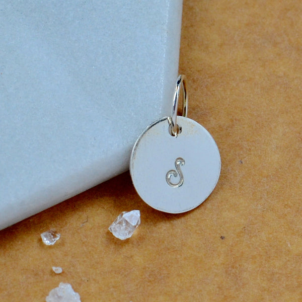 LETTER CHARM, capital S initial charms, handmade alphabet circle charm, cursive S letter pendant, simple jewelry, delicate handmade charm jewelry, nickel-free charms, silver letter charm