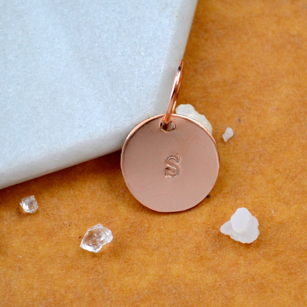 LETTER CHARM, capital S initial charms, handmade alphabet circle charm, S letter pendant, simple jewelry, delicate handmade charms, nickel-free jewelry, rose gold letter charm