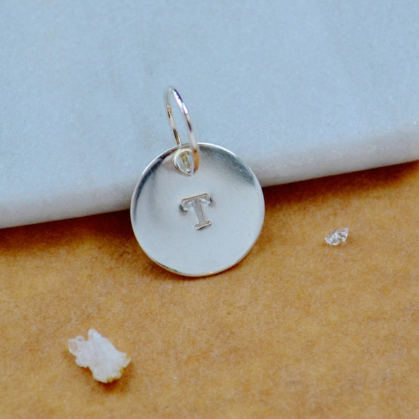 LETTER CHARM, capital T initial charms, handmade alphabet circle charm, T letter pendant, simple jewelry, delicate handmade charms, nickel-free jewelry, silver letter charm