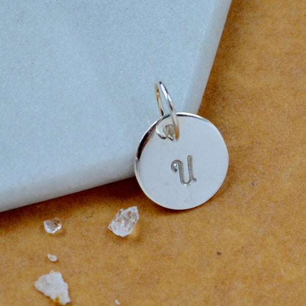 LETTER CHARM, capital U initial charms, handmade alphabet circle charm, cursive U letter pendant, simple jewelry, delicate handmade charm jewelry, nickel-free charms, silver letter charm