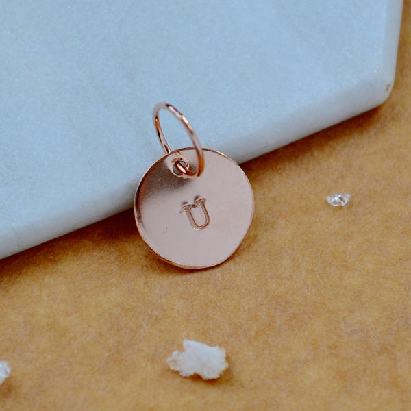 LETTER CHARM, capital U initial charms, handmade alphabet circle charm, U letter pendant, simple jewelry, delicate handmade charms, nickel-free jewelry, rose gold letter charm
