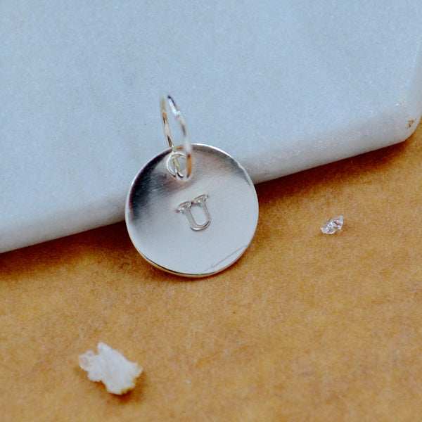 LETTER CHARM, capital U initial charms, handmade alphabet circle charm, U letter pendant, simple jewelry, delicate handmade charms, nickel-free jewelry, silver letter charm