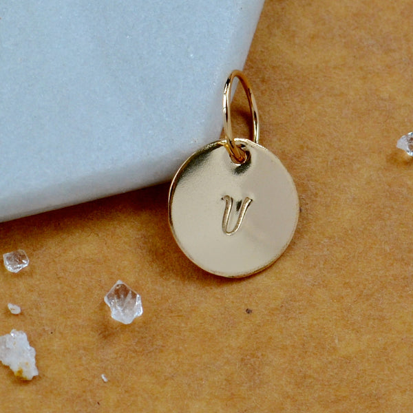 LETTER CHARM, capital V initial charms, handmade alphabet circle charm, cursive V letter pendant, simple jewelry, delicate handmade charm jewelry, nickel-free charms, gold letter charm