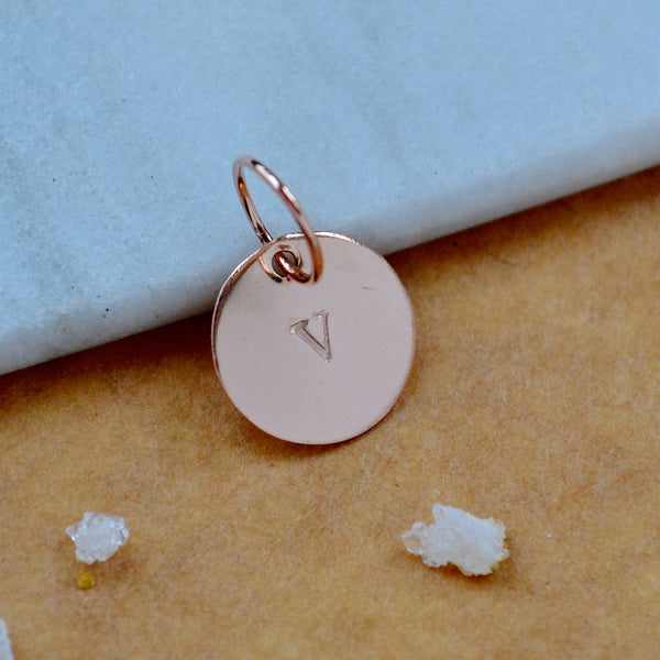 LETTER CHARM, capital V initial charms, handmade alphabet circle charm, V letter pendant, simple jewelry, delicate handmade charms, nickel-free jewelry, rose gold letter charm