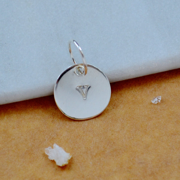 LETTER CHARM, capital V initial charms, handmade alphabet circle charm, V letter pendant, simple jewelry, delicate handmade charms, nickel-free jewelry, silver letter charm