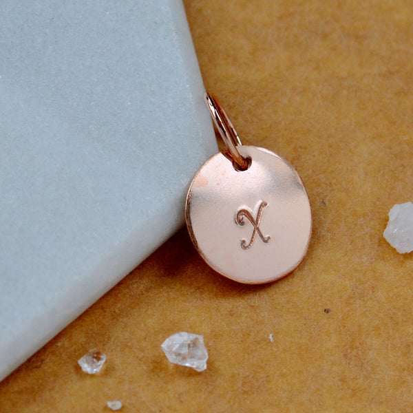 LETTER CHARM, capital X initial charms, handmade alphabet circle charm, cursive X letter pendant, simple jewelry, delicate handmade charm jewelry, nickel-free charms, rose gold letter charm