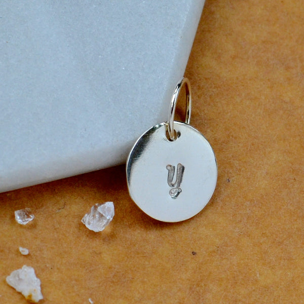 LETTER CHARM, capital Y initial charms, handmade alphabet circle charm, cursive Y letter pendant, simple jewelry, delicate handmade charm jewelry, nickel-free charms, silver letter charm