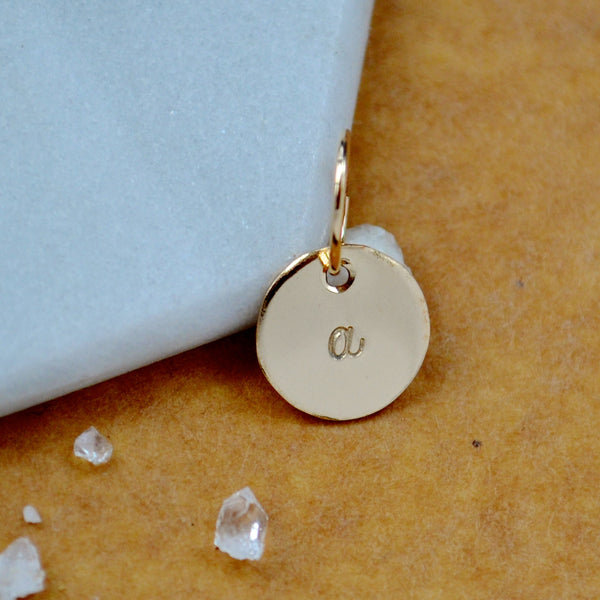LETTER CHARM, lowercase a initial charms, handmade alphabet circle charm, cursive gold a letter pendant, simple jewelry, delicate handmade charm jewelry, nickel-free charms, sustainable jewelry