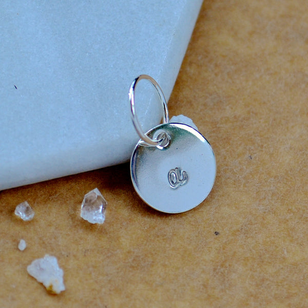 LETTER CHARM, lowercase a initial charms, handmade alphabet circle charm, cursive silver a letter pendant, simple jewelry, delicate handmade charm jewelry, nickel-free charms, script