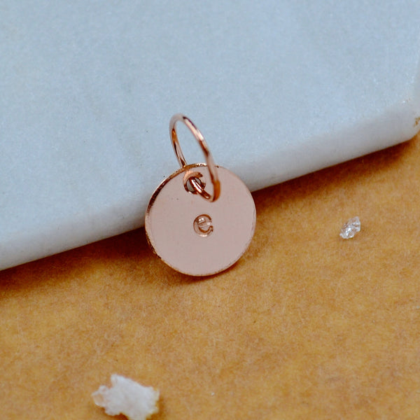 LETTER CHARM, lowercase e initial charms, handmade alphabet circle charm, e letter pendant, simple jewelry, delicate handmade charms, affordable rose gold