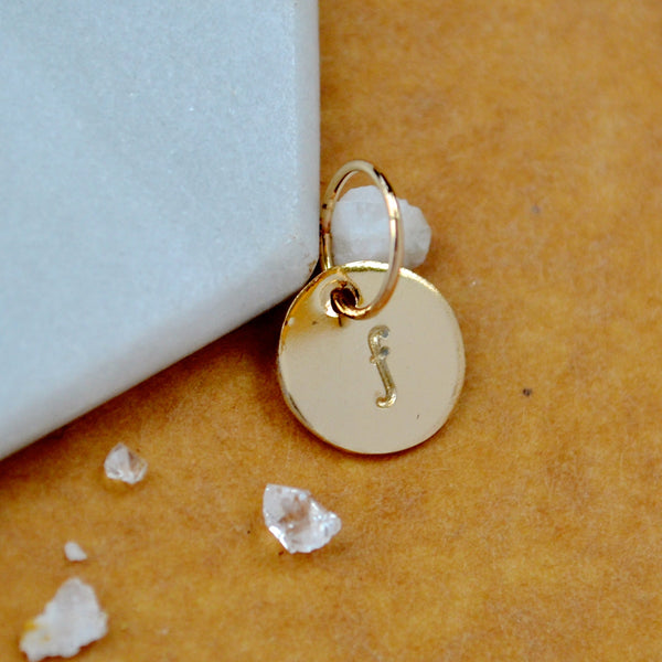 LETTER CHARM, lowercase F initial charms, handmade alphabet circle charm, cursive F letter pendant, simple jewelry, delicate handmade charm jewelry, nickel-free charms, gold letter charm