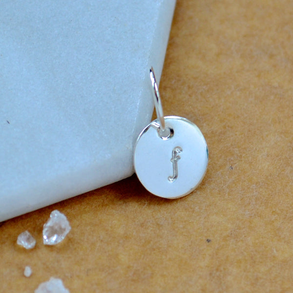 LETTER CHARM, lowercase F initial charms, handmade alphabet circle charm, cursive F letter pendant, simple jewelry, delicate handmade charm jewelry, nickel-free charms, silver letter charm