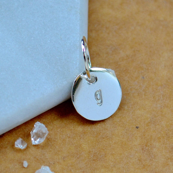 LETTER CHARM, lowercase g initial charms, handmade alphabet circle charm, cursive g letter pendant, simple jewelry, delicate handmade charm jewelry, nickel-free charms, silver letter charm