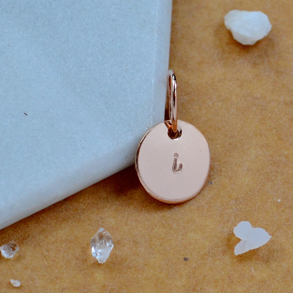 LETTER CHARM, lowercase i initial charms, handmade alphabet circle charm, cursive i letter pendant, simple jewelry, delicate handmade charm jewelry, nickel-free charms, rose gold letter charm
