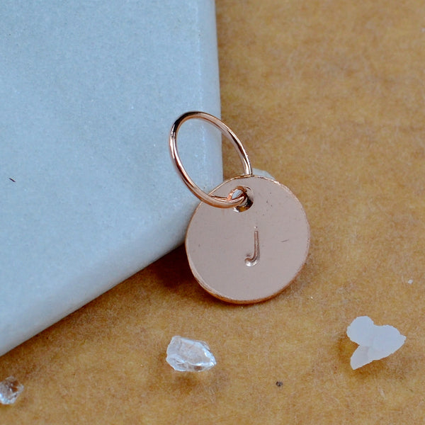 LETTER CHARM, lowercase j initial charms, handmade alphabet circle charm, cursive j letter pendant, simple jewelry, delicate handmade charm jewelry, nickel-free charms, rose gold letter charm