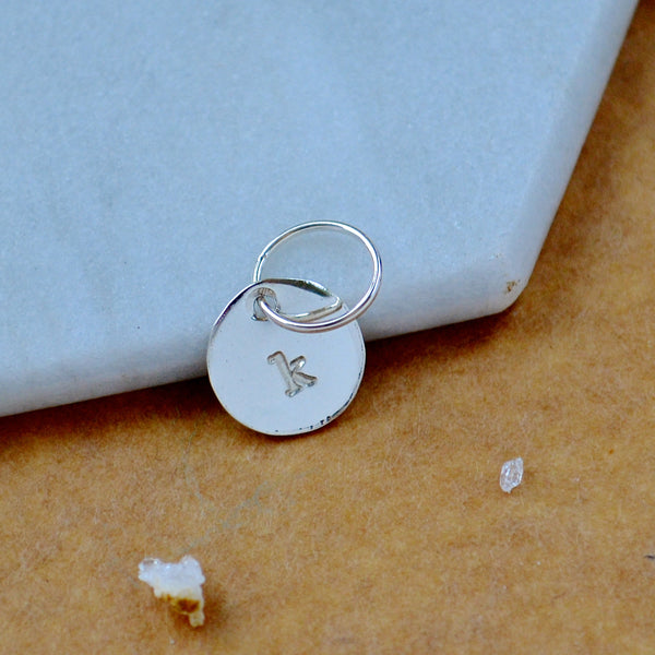 LETTER CHARM, lowercase k initial charms, handmade alphabet circle charm, k letter pendant, simple jewelry, delicate handmade charms, silver letter charm