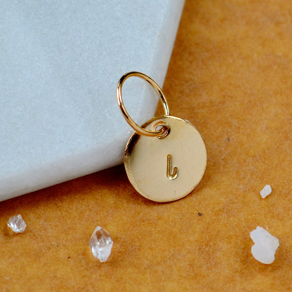 LETTER CHARM, lowercase l initial charms, handmade alphabet circle charm, cursive l letter pendant, simple jewelry, delicate handmade charm jewelry, nickel-free charms, gold letter charm