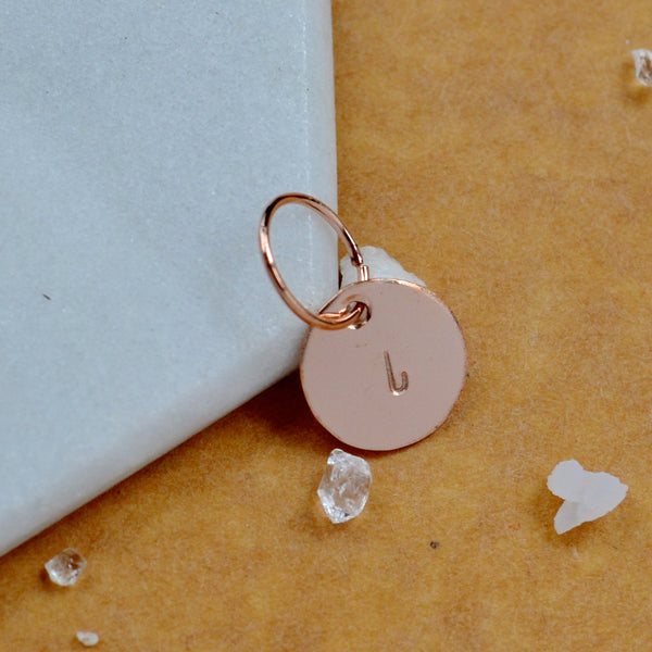 LETTER CHARM, lowercase l initial charms, handmade alphabet circle charm, cursive l letter pendant, simple jewelry, delicate handmade charm jewelry, nickel-free charms, rose gold letter charm