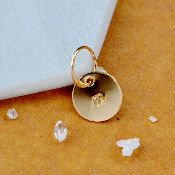 LETTER CHARM, lowercase m initial charms, handmade alphabet circle charm, cursive m letter pendant, simple jewelry, delicate handmade charm jewelry, nickel-free charms, gold letter charm