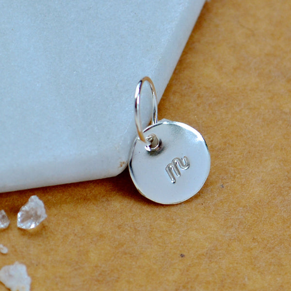 LETTER CHARM, lowercase m initial charms, handmade alphabet circle charm, cursive m letter pendant, simple jewelry, delicate handmade charm jewelry, nickel-free charms, silver letter charm