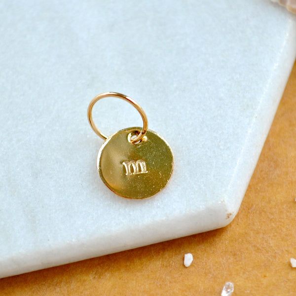 LETTER CHARM, lowercase m initial charms, handmade alphabet circle charm, m letter pendant, simple jewelry, delicate handmade charms, gold letter charm