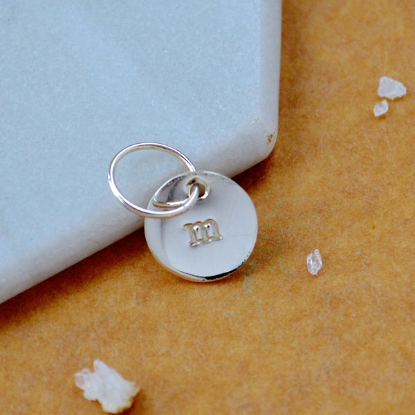 LETTER CHARM, lowercase m initial charms, handmade alphabet circle charm, m letter pendant, simple jewelry, delicate handmade charms, silver letter charm