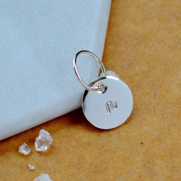 LETTER CHARM, lowercase n initial charms, handmade alphabet circle charm, cursive n letter pendant, simple jewelry, delicate handmade charm jewelry, nickel-free charms, silver letter charm