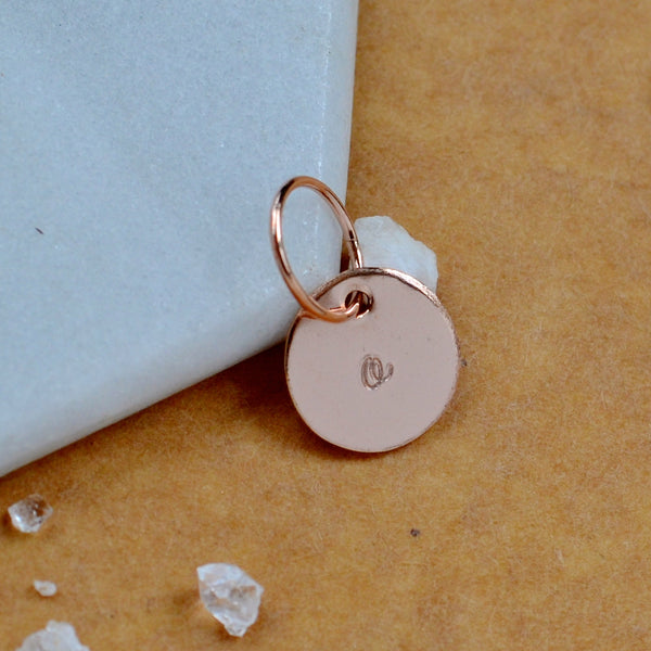 LETTER CHARM, lowercase o initial charms, handmade alphabet circle charm, cursive o letter pendant, simple jewelry, delicate handmade charm jewelry, nickel-free charms, rose gold letter charm