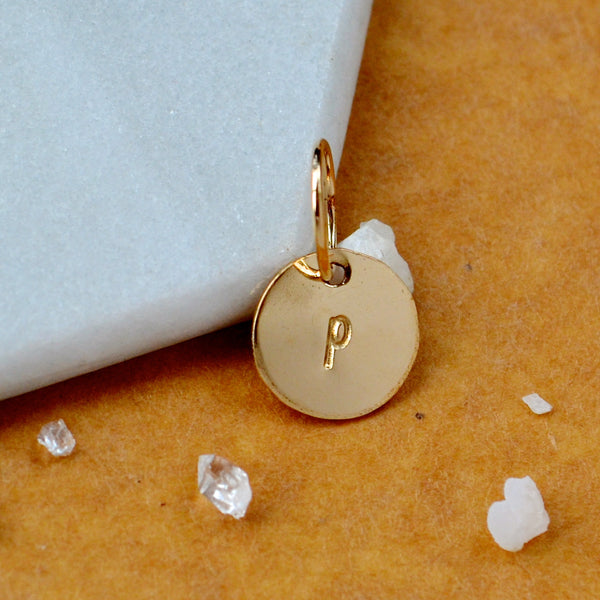 LETTER CHARM, lowercase p initial charms, handmade alphabet circle charm, cursive p letter pendant, simple jewelry, delicate handmade charm jewelry, nickel-free charms, gold letter charm
