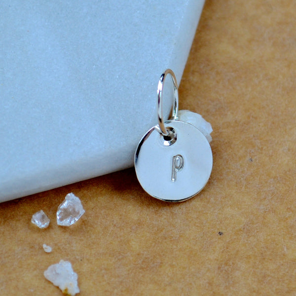 LETTER CHARM, lowercase p initial charms, handmade alphabet circle charm, cursive p letter pendant, simple jewelry, delicate handmade charm jewelry, nickel-free charms, silver letter charm