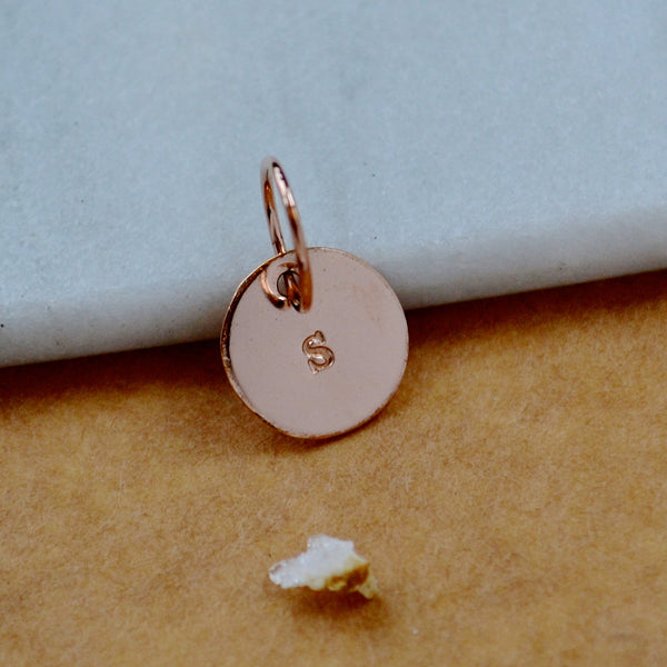 LETTER CHARM, lowercase s initial charms, handmade alphabet circle charm, s letter pendant, simple jewelry, delicate handmade charms, rose gold letter charm