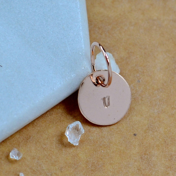 LETTER CHARM, lowercase v initial charms, handmade alphabet circle charm, cursive v letter pendant, simple jewelry, delicate handmade charm jewelry, nickel-free charms, rose gold letter charm