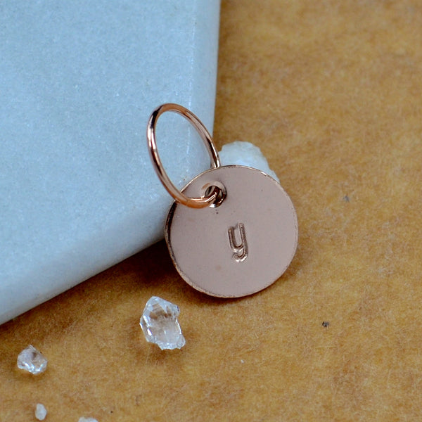 LETTER CHARM, lowercase y initial charms, handmade alphabet circle charm, cursive y letter pendant, simple jewelry, delicate handmade charm jewelry, nickel-free charms, rose gold letter charm