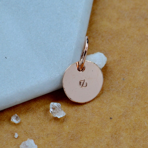 LETTER CHARM, lowercase z initial charms, handmade alphabet circle charm, cursive z letter pendant, simple jewelry, delicate handmade charm jewelry, nickel-free charms, rose gold letter charm