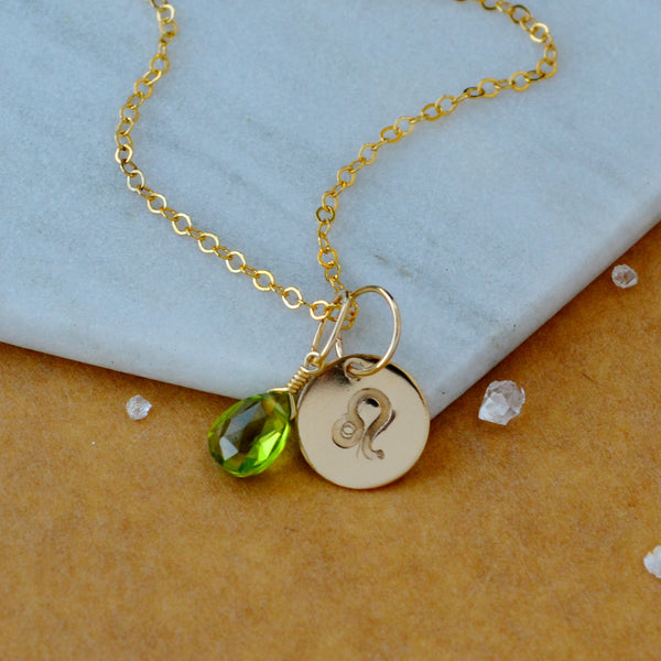 Leo charm zodiac sign charms astrology pendant zodiac charm gold filled on chain with august birthstone peridot